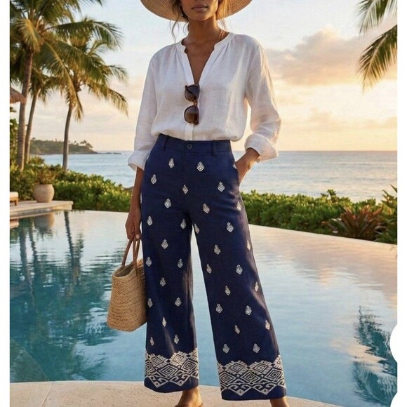 Zara Pants - Zara High Waisted Boho ChiNavy Blue Embroidered Pants Culottes Cottagecore Sz S